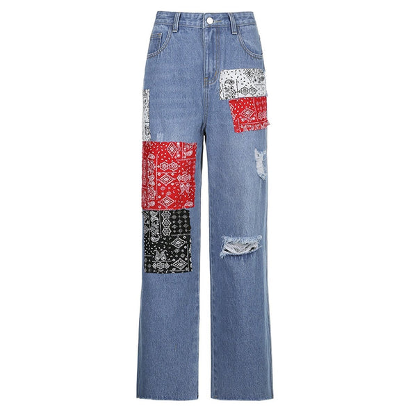 Bandana Patchwork Ripped Hole Jeans
