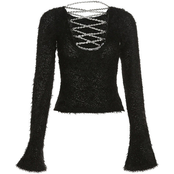 Metal Cut-out Plush Long-sleeved Top
