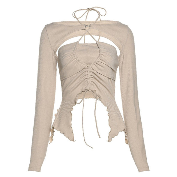 Sexy Pleated Halter Neck Long-sleeved Top