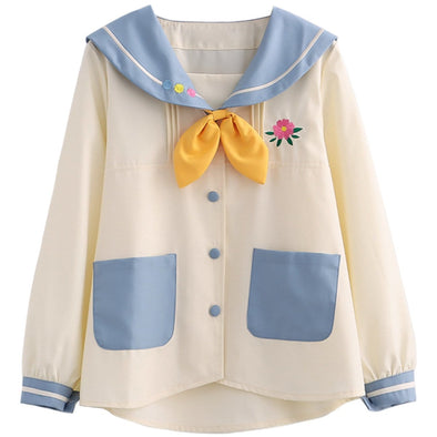 Kawaii Color Block Bow Tie with Floral Embroidery Long Sleeve Shirt