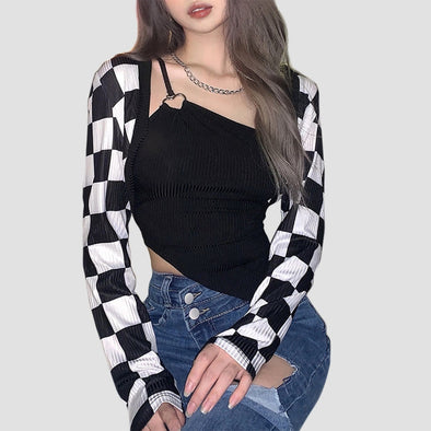 Gothic Sling Check Cardigan Two-Piece Long Sleeve T-Shirt