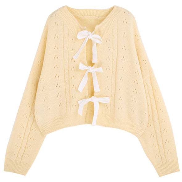 Kawaii Solid Color Bow Knitted Cardigan