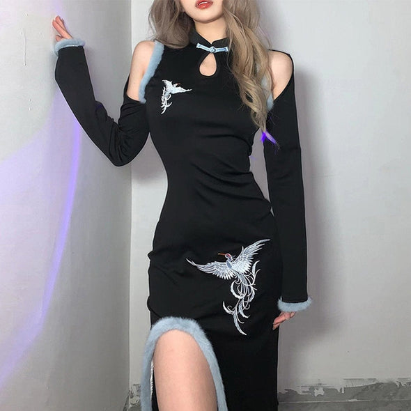 Chinese Style Improved Cheongsam Flying Crane Embroidered Dress