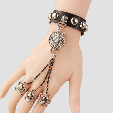 Gothic Style Wolf Head Skull Leather Band Ring One-piece Bracelet