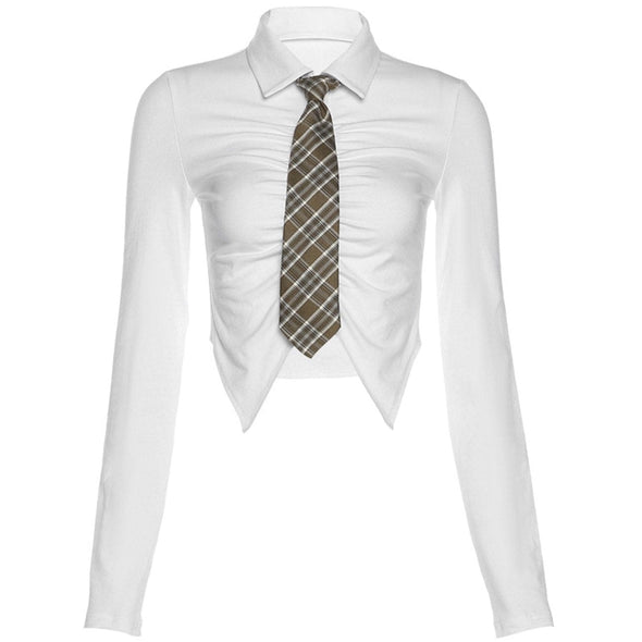Pleated Crop Navel Tie Polo Collar Long Sleeve Top