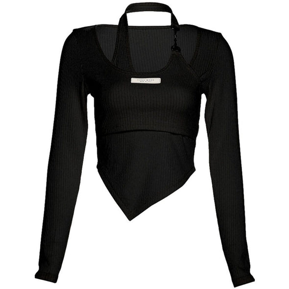 Halter Neck Metal Stitching Long-sleeved Top