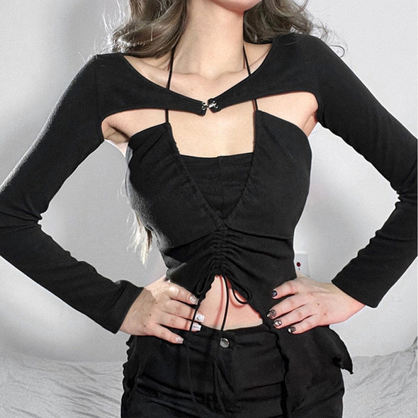 Sexy Pleated Halter Neck Long-sleeved Top