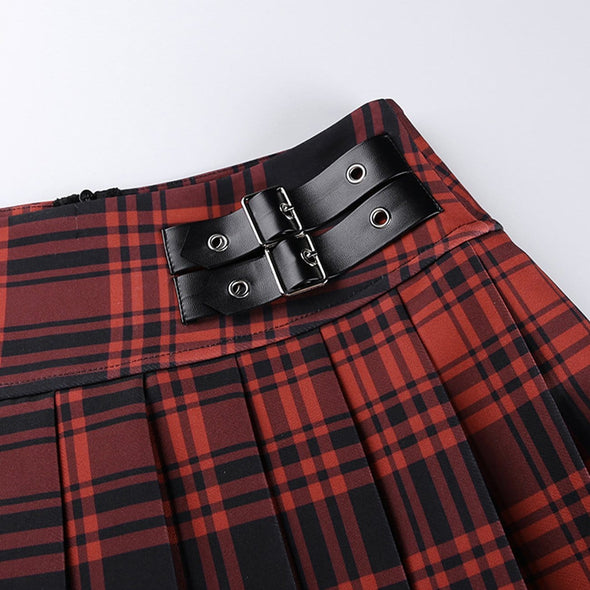 High-waist Checked Leather Panel Pleated Skirt