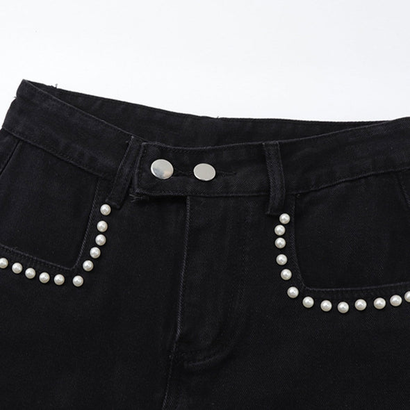 Kawaii Adjustable Belt with Pearl Decoration Jeans