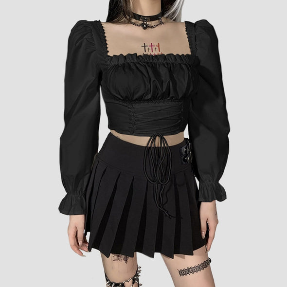 Gothic Flared Sleeves Waist Tie Long Sleeve T-shirt