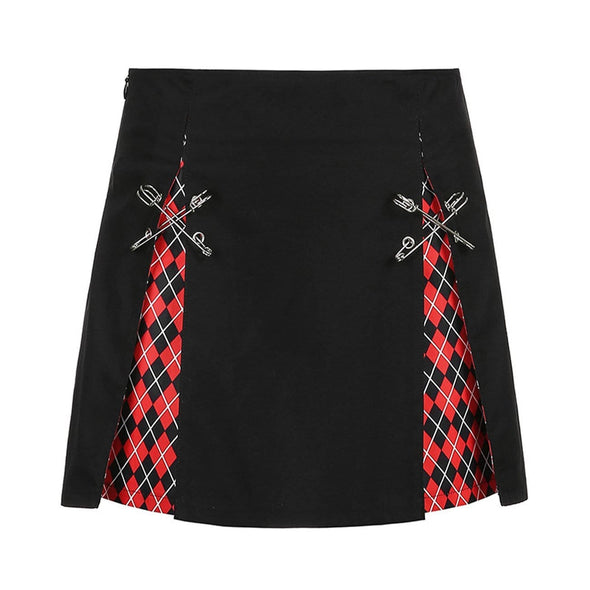 Plaid Stitching Pin Buckle Short Skirt