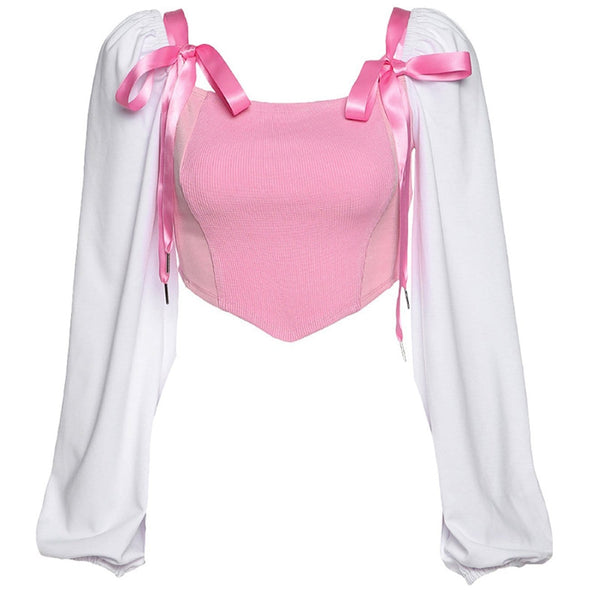 Bow Tie Color Matching Cropped Long-sleeved Top