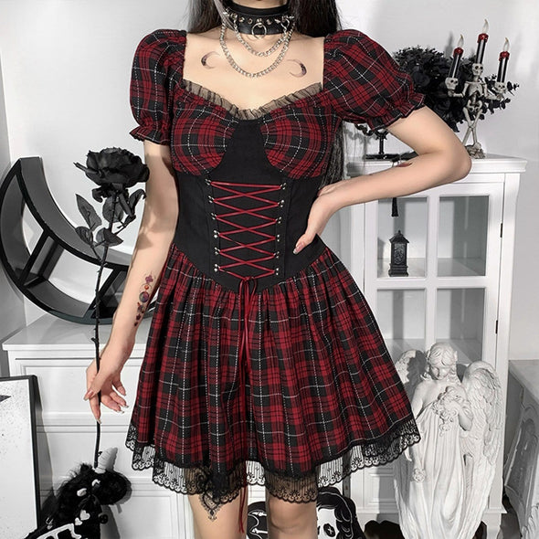 Gothic Dark Sexy Lace Waist Short-sleeved Dress