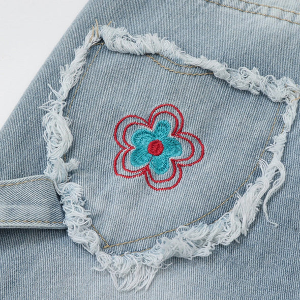 Kawaii Pocket Floral Embroidered Raw Jeans