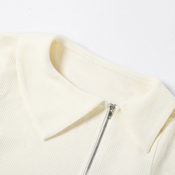 Solid Color Irregular Lapel Zipper Long-sleeved Top