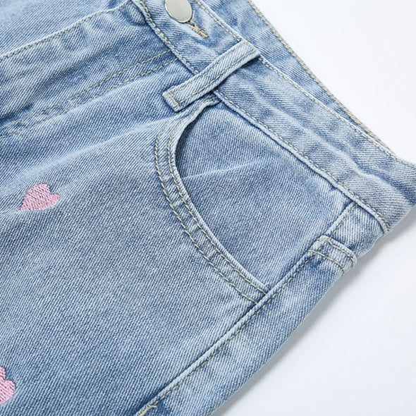 Kawaii Love Embroidered Straight Jeans