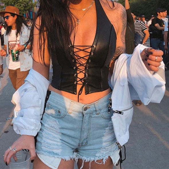 Edgy Halter Lace Up Crop Top
