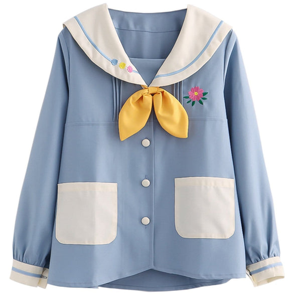 Kawaii Color Block Bow Tie with Floral Embroidery Long Sleeve Shirt