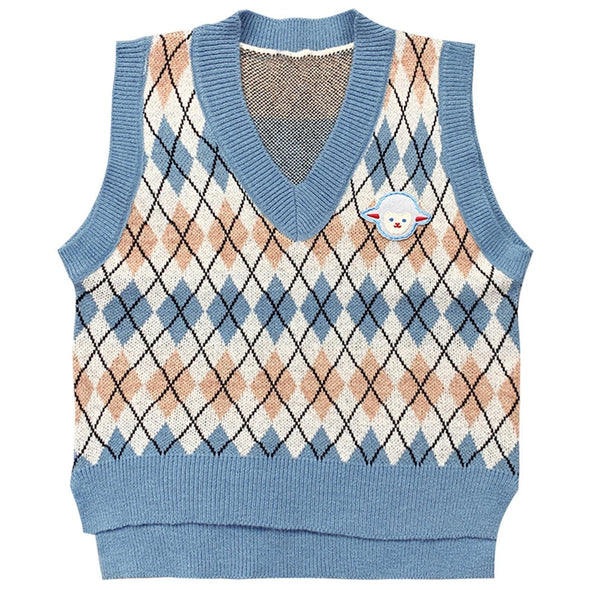 Kawaii Check Color Block Knitted Sweater Vest