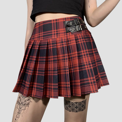 High-waist Checked Leather Panel Pleated Skirt