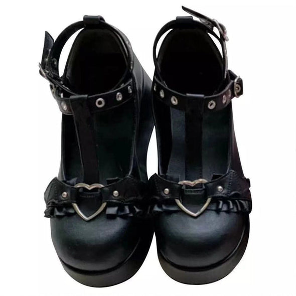Platform Heart Embellished Mary Jane Shoes