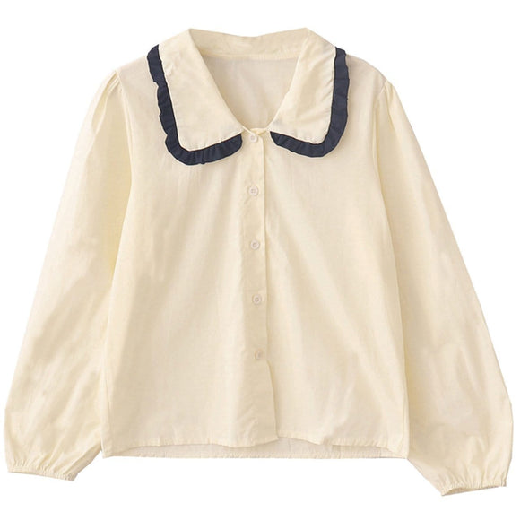 Kawaii Color Block Lace Doll Collar Long-sleeved Shirt