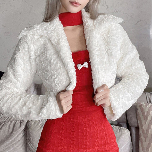 Long Sleeve Plush Coat Red Dress Sexy Suit