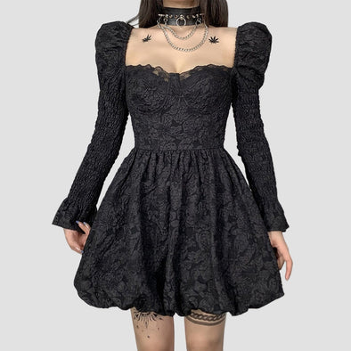 Gothic Dark Sexy Embossed Print Square Neck Long Sleeve Dress