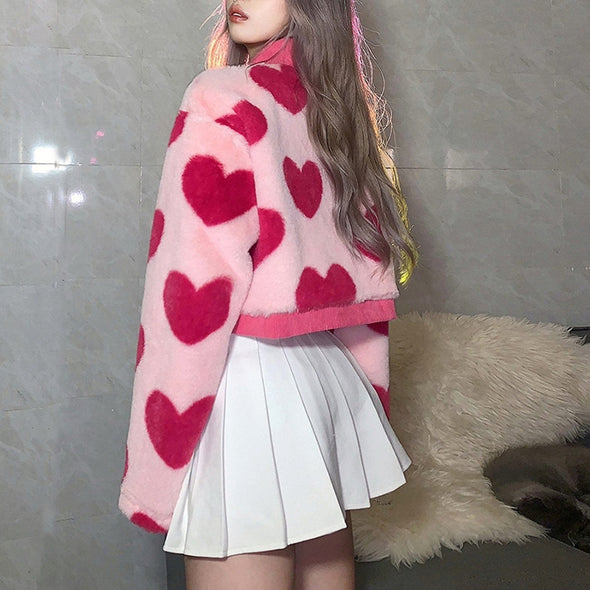 Love Heart Printed Plush Winter Coat