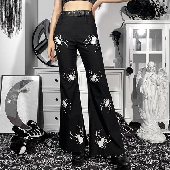 Gothic Spider Print High-rise Flared Pants