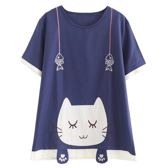Cat Face Small Fish Print Stitching Short-sleeved T-shirt