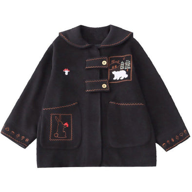 Kawaii Cartoon Embroidery Navy Collar Winter Coat