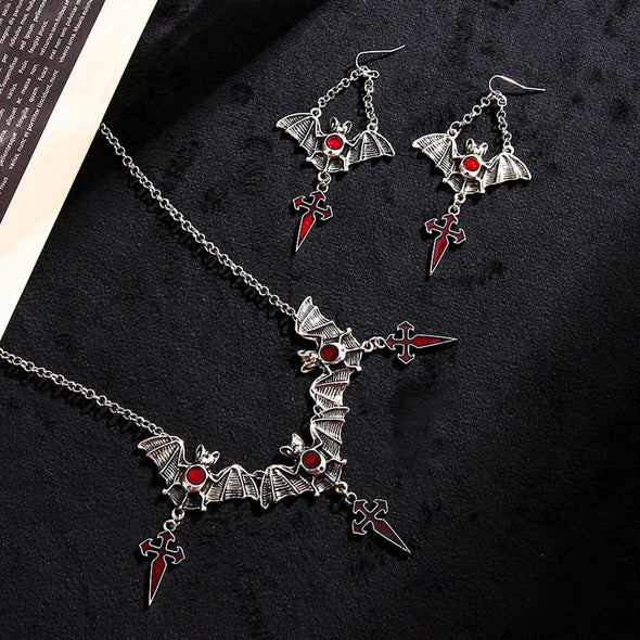 Gothic Halloween Black Bat Cross Necklace and Earrings Two-piece Accessory