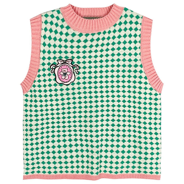 Kawaii Pure Color Shirt Check Knitted Sweater Vest Suit