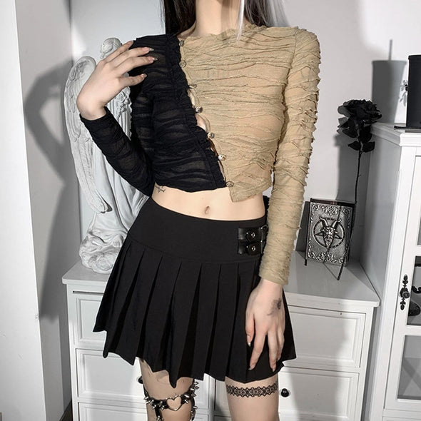 Gothic Contrast Sexy  Long Sleeve Folds Top