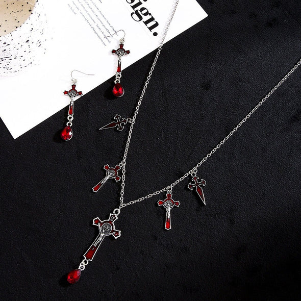 Gothic Halloween Cross Necklace and Earrings Two-piece Accessory