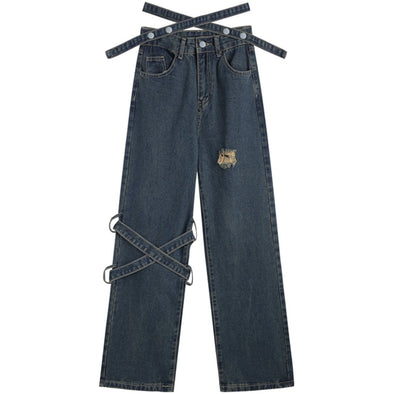 Kawaii Hole Strap Design Straight Jeans