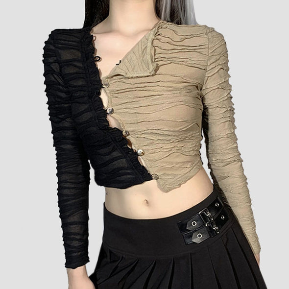 Gothic Contrast Sexy  Long Sleeve Folds Top