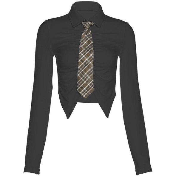 Pleated Crop Navel Tie Polo Collar Long Sleeve Top