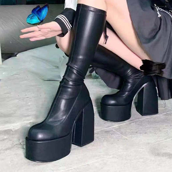 Thick Heel Platform PU Stovepipe Tall Boots Over Knee Boots