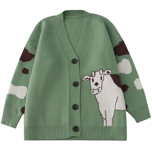 Kawaii Cow Pattern Knitted Cardigan