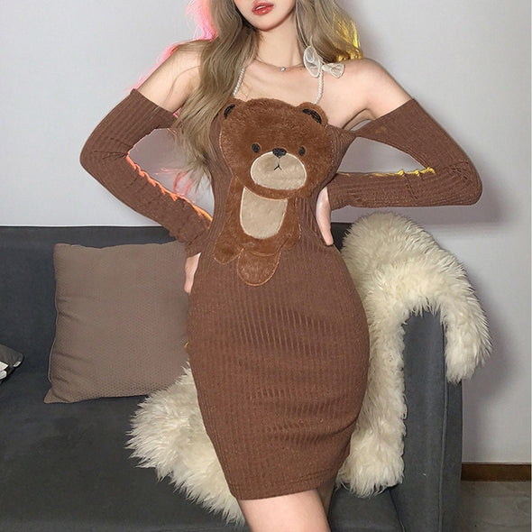 Halter Brown Bear Slim Dress