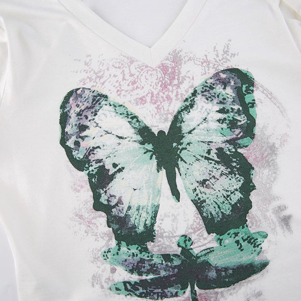Gothic Butterfly Graffiti Print Long-sleeved T-shirt