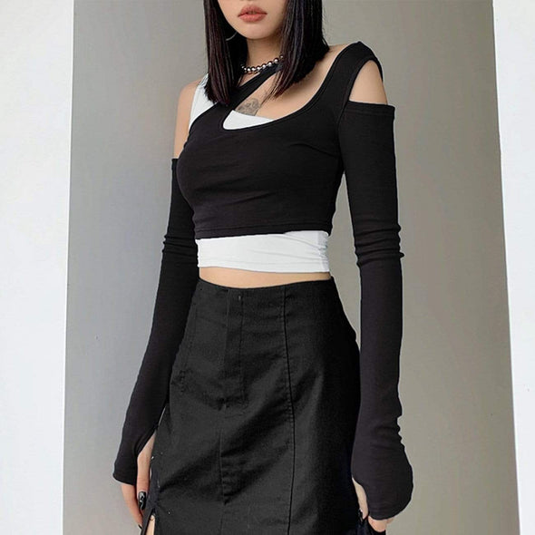 Irregular Stitching Slim-fit Two-piece Long-sleeved Top