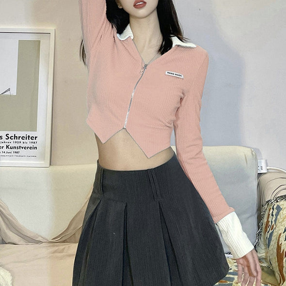 Color Block Polo Collar with Exposed Zipper Long-sleeved Top