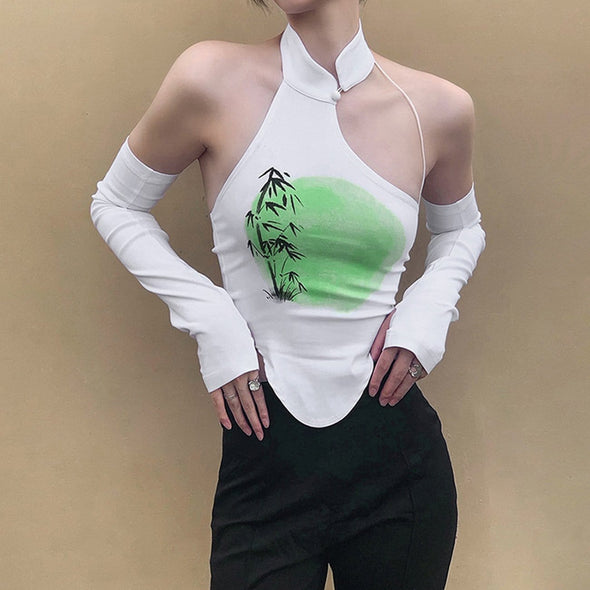 Sexy Irregular Off-shoulder Bamboo Print Top