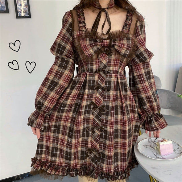 Kawaii Bowknot Checkered Large Cuff Dresses