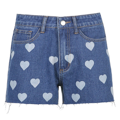 Love Print High Waist Denim Shorts