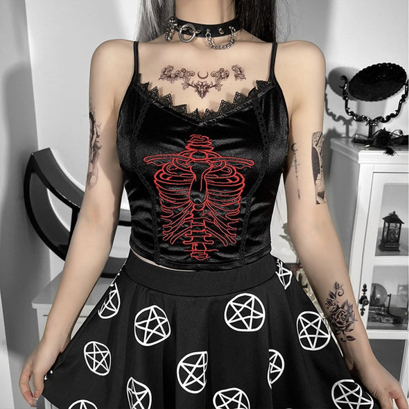Lace-paneled Skull-embroidered Suspender Top