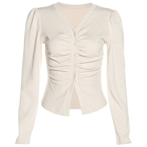 Sexy Pleated Single-breasted Cropped Navel Long-sleeved Top